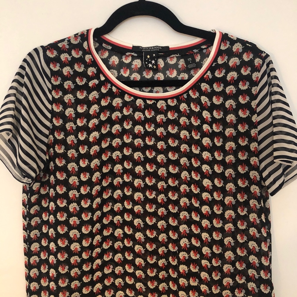 Sheer woven “tee” with pale blue and red flowers